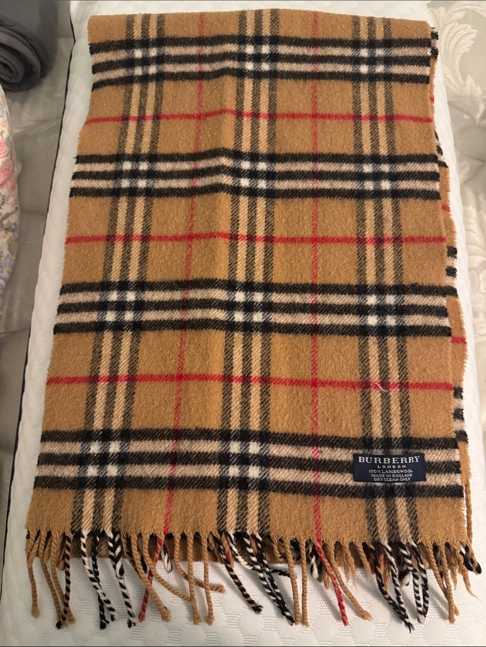 Burberry Tan Black White and Red Plaid Wool Accent Throw